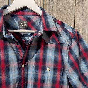 Armani Exchange Medium Red & Blue Checkered SS Shirt Pearl Snaps 100% Cotton